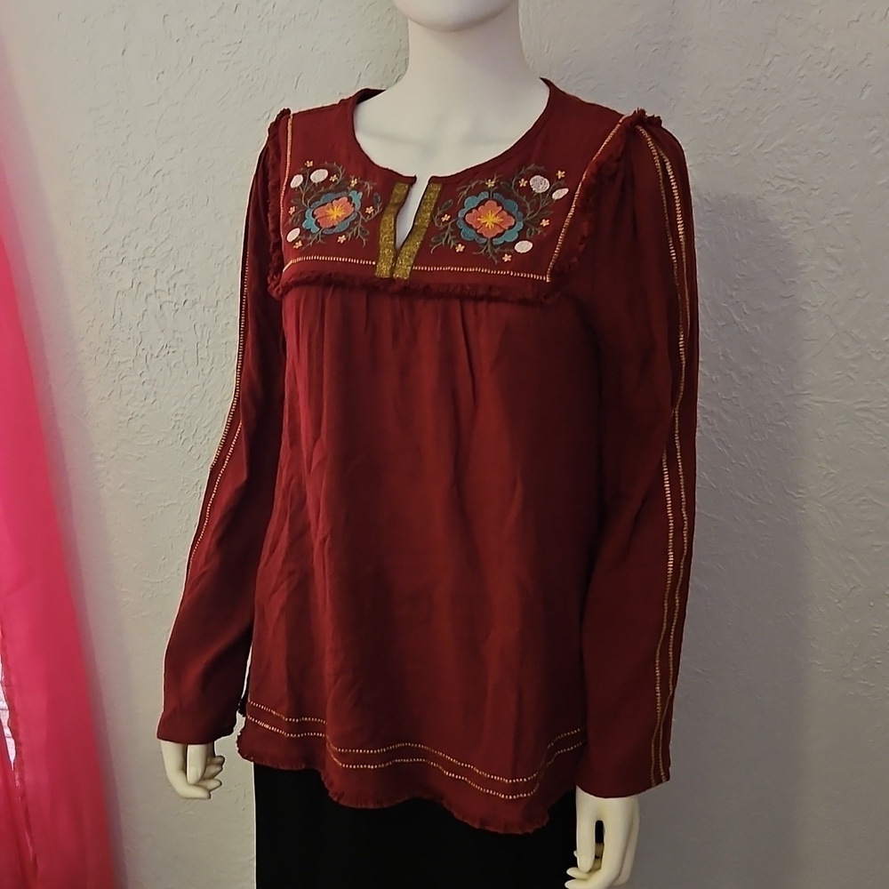 GRACE & LACE Floral Mexican Embroidered Maroon Fringe Long Sleeve Cotton Top - Picture 3 of 12